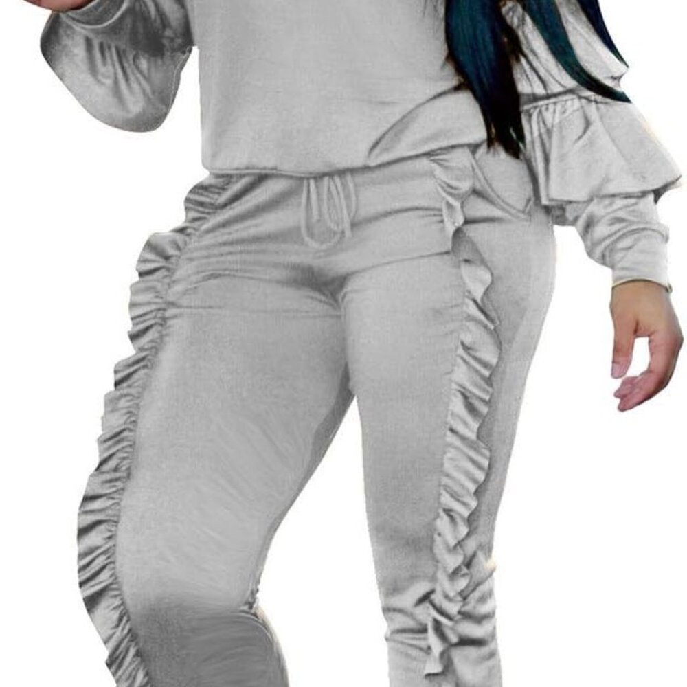 Comfortable Women's Grey Ruffle Sleeve Two-Piece Tracksuit Set - Size S To 3xl